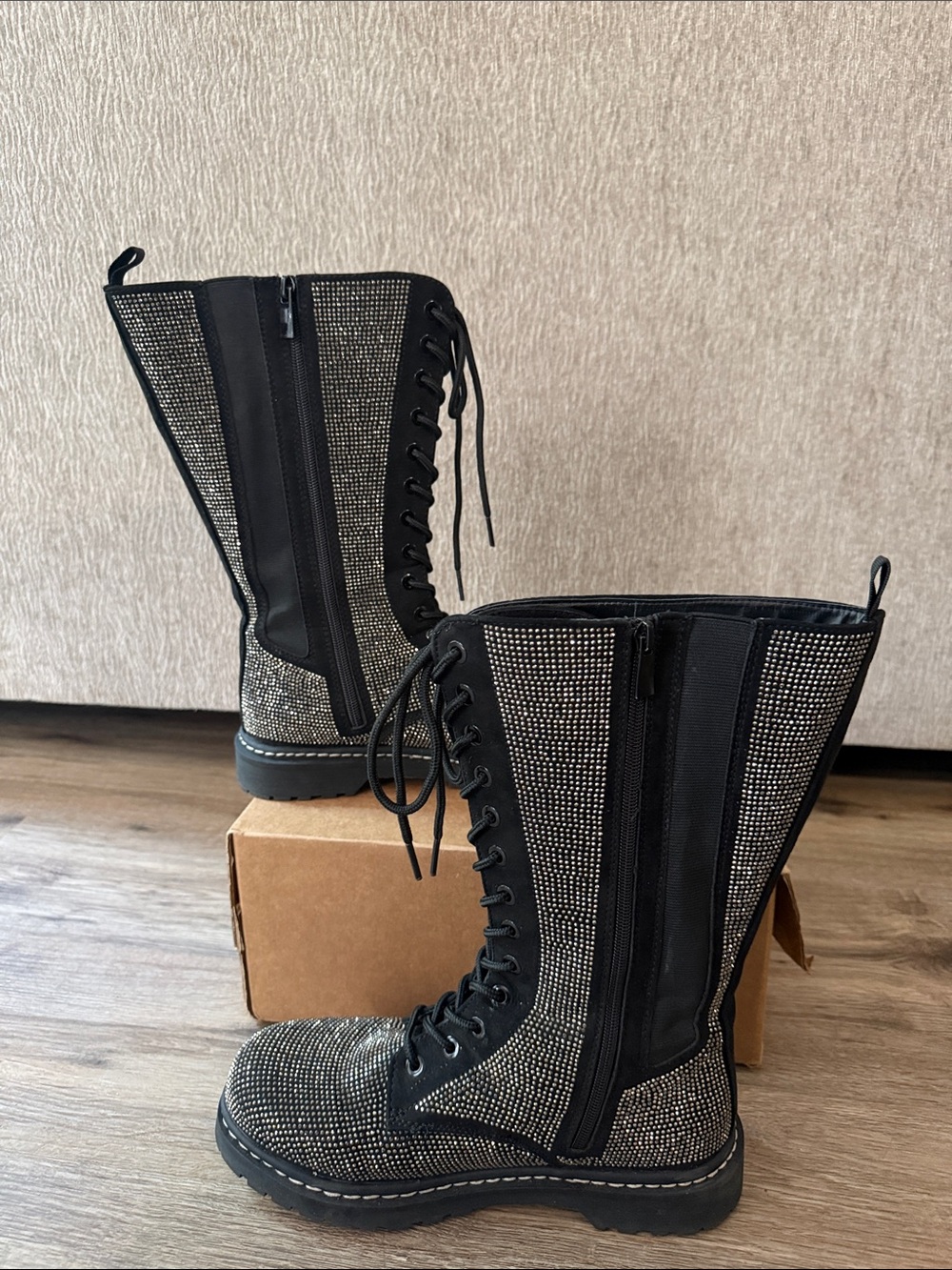 Torrid Betsey Johnson Knee High Embellished Silver Rhinestones Lace-Up Boots - Picture 10 of 16